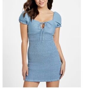 Guess‎ Blue Chambray Smocked Denim Mini Bodycon Dress XL Romantic